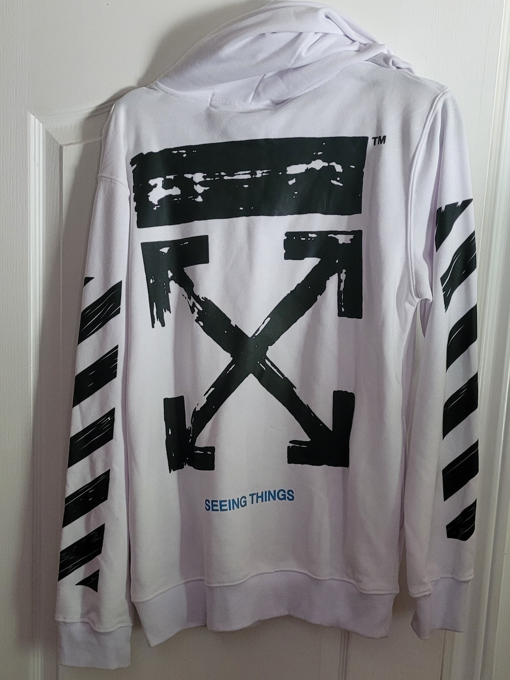Off-White Style White Graphic Hoodie with Black Arrow Logo